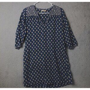 PINK CHICKEN Womens XS Boho Dress Blue Floral V-Neck 3/4 Sleeve Short Length